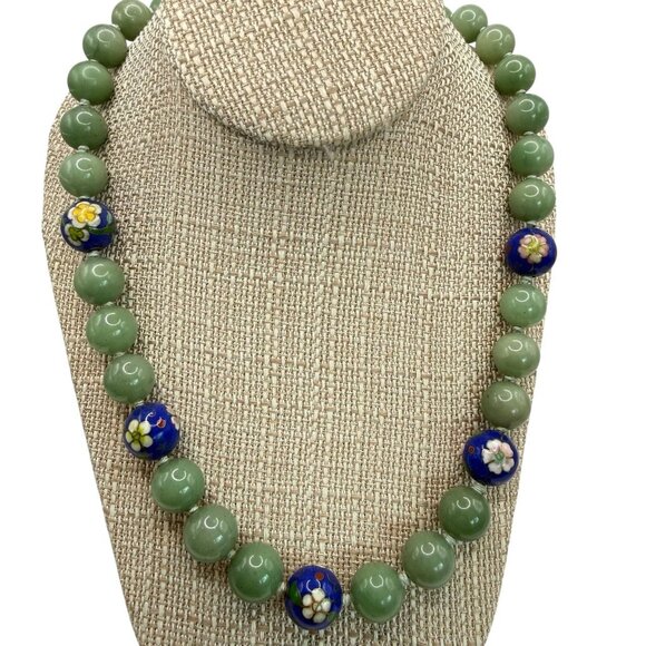 None Jewelry - Vintage Chinese Jade & Cloisonné Bead Necklace 24" Nephrite Green Floral Accents